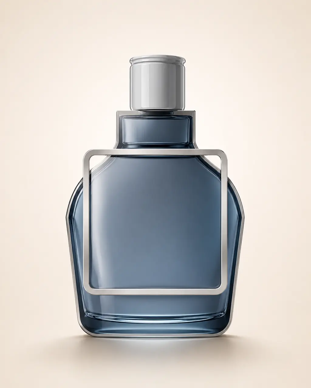 Calvin Klein Defy stilizált palackillusztrációja: Aszimmetrikus vállú, mélykék flaskapalack egyik élén végigfutó ezüst fémkerettel és ezüst kupakkal.