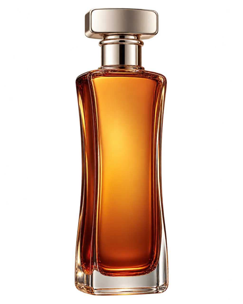 Calvin Klein Eternity Amber Essence stilizált palackillusztrációja: karcsú, enyhén befelé ívelt téglalap-palack vastag átlátszó üvegkerettel, mézes-konyakos borostyán belsővel és elegáns pezsgőszínű fém felső egységgel.
