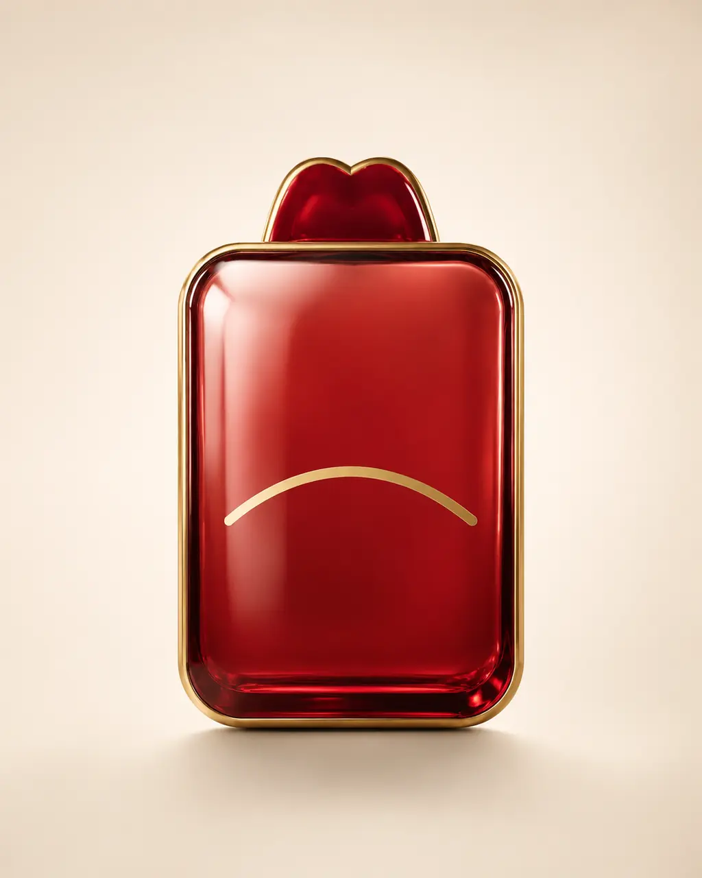 Dolce & Gabbana Q by Dolce&Gabbana stilizált palackillusztrációja: Vaskos, lekerekített téglatest rubinvörös lével, aranyszegélyű vörös koronakupakkal.