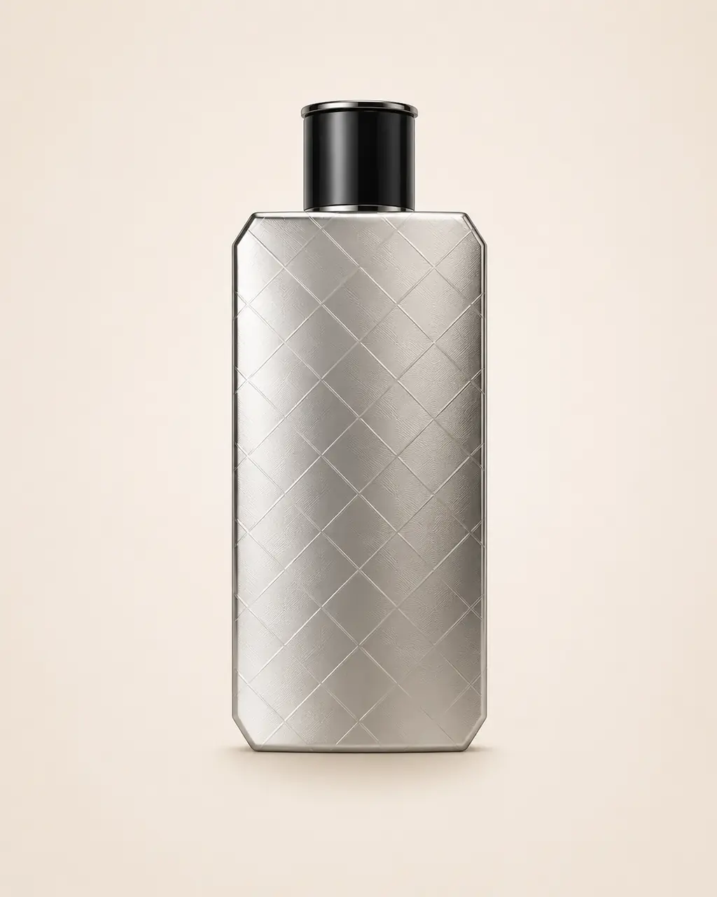 Dunhill Icon stilizált palackillusztrációja: Súlyos ezüst hengerpalack teljes motorfordított rácsmintával, keskeny fekete felső résszel.