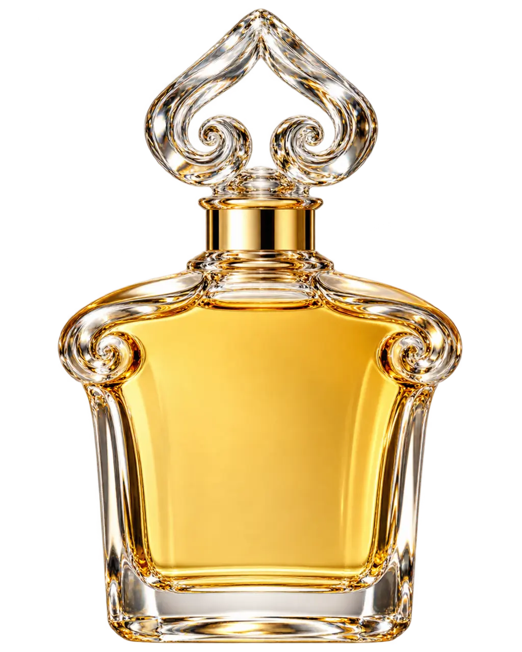Guerlain Mitsouko stilizált palackillusztrációja: lapos klasszikus kristálypalack lekerekített art nouveau vállakkal, halvány arany-borostyán folyadékkal, rövid arany nyakkal és üreges fordítottszív-dugóval.