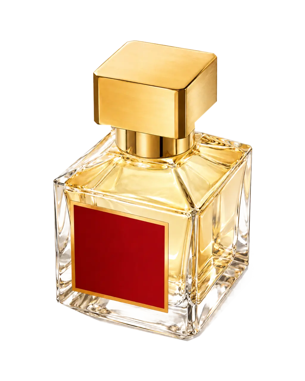 Maison Francis Kurkdjian Baccarat Rouge 540 stilizált palackillusztrációja: tömör négyzetes kristályüveg piramisszerű vállal, nagy arany kockakupakkal és kárminvörös címkemezővel.