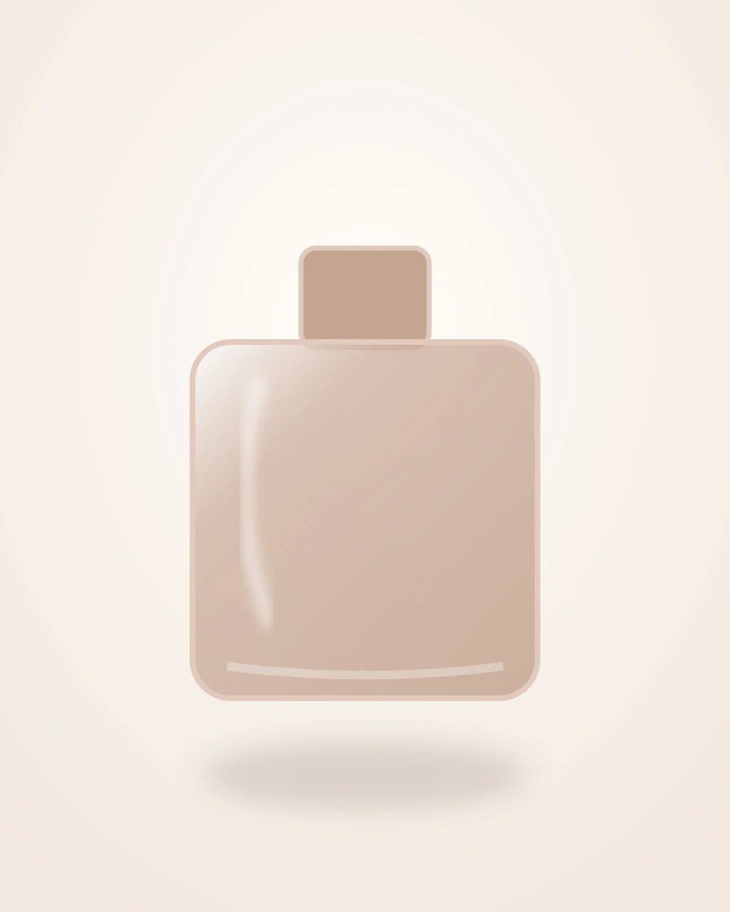 Narciso Rodriguez Narciso Poudrée stilizált palackillusztrációja: Tökéletesen zömök, opálos nude kockapalack, azonos tónusú, vállszélességű négyszögletes kupakkal.