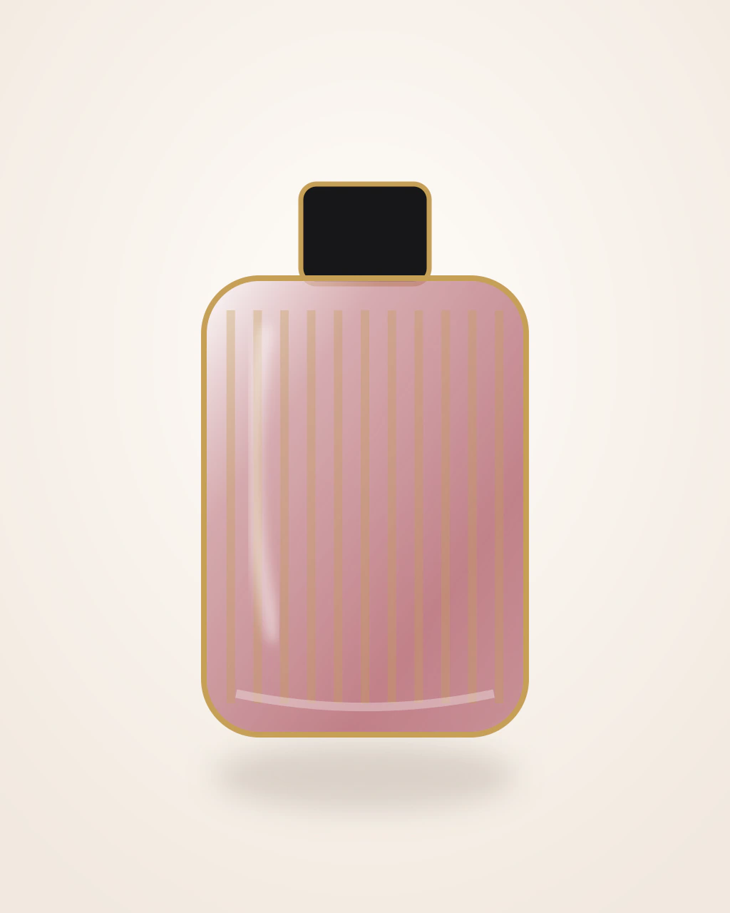 Tom Ford Café Rose stilizált palackillusztrációja: Púderrózsaszín, függőlegesen bordázott téglatest, arany keretes címkével és lapos fekete kockakupakkal.