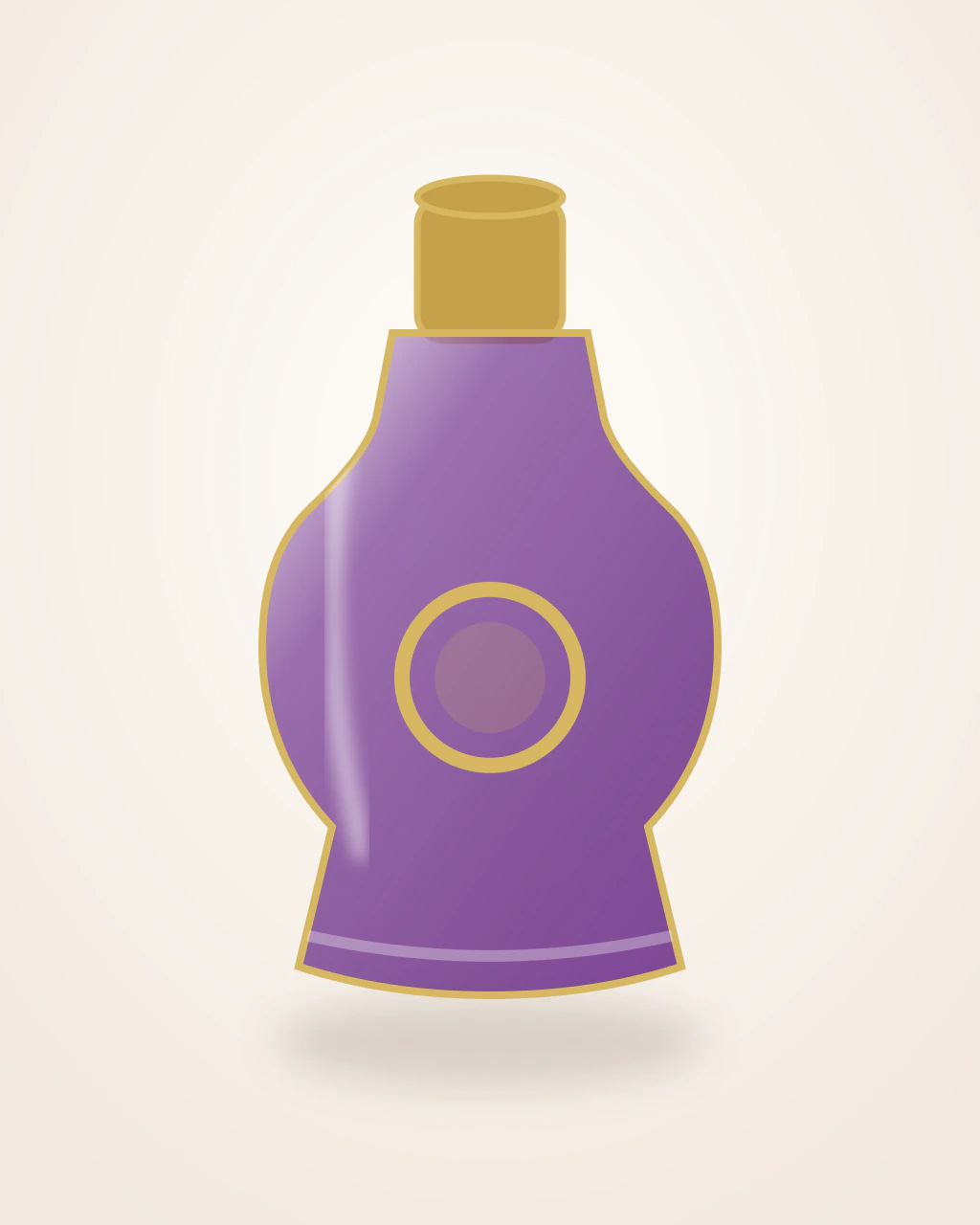 Versace Dylan Purple stilizált palackillusztrációja: Élénk ibolyalila, hullámos vállú amfora arany Medúza-medállal, két oldalsó füllel és magas arany kupakkal.