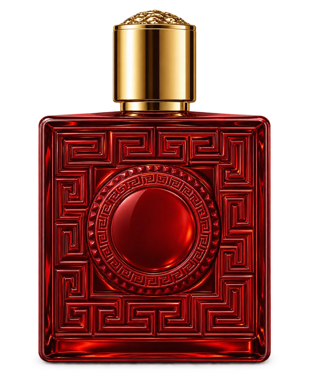 Versace Eros Flame stilizált palackillusztrációja: mélypiros, lekerekített négyszögpalack domború meanderkerettel, üres körmedallionnal és fényes aranyszínű hengerkupakkal.